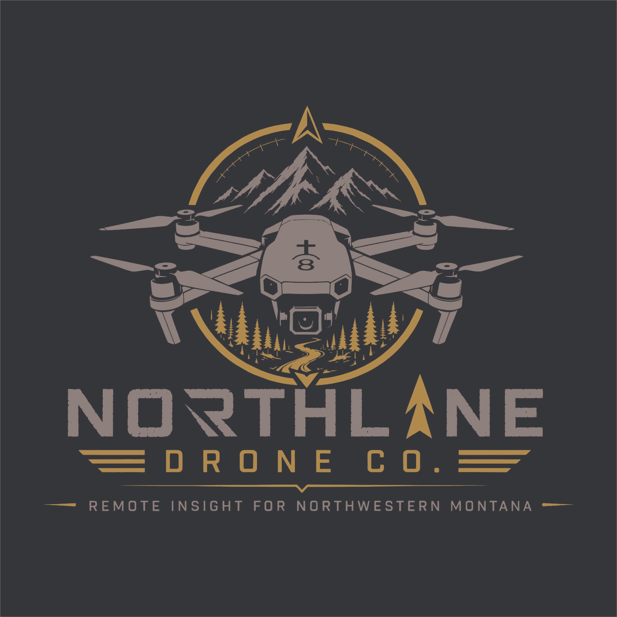 Northline Drone Co. logo with a drone, mountain peaks, compass, and gold forest.